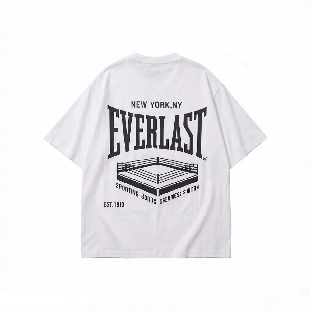 New EVERLAST BOXING Logo Cotton T-shirt for Men's and Women's Fitness Sports, Printed with Letter Pattern, Summer Unisex T-shirt