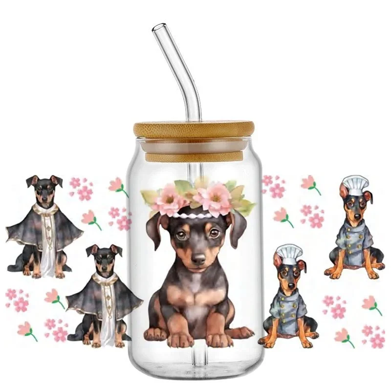 Lovely Pet Puppy UV DTF Cup Wraps 16oz Libbey Glass Can Self‑Adhesive Waterproof Washable No‑Heat DIY Transfer Stickers for Cold