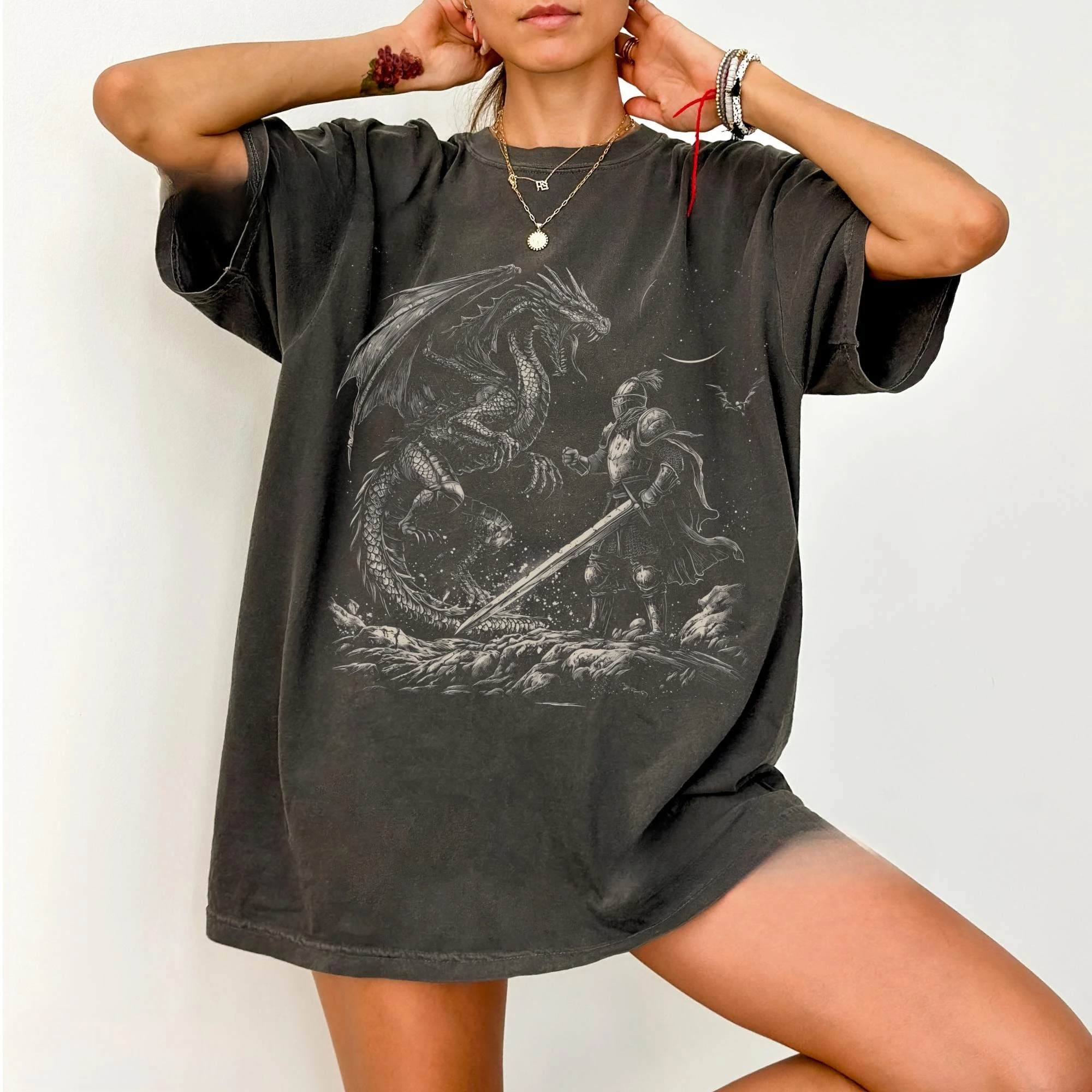 Dragon and Knight Pattern Printed T-shirt Spring/Summer Women's New Fashion Trend Top Neutral Short Sleeve Comfortable T-shirt
