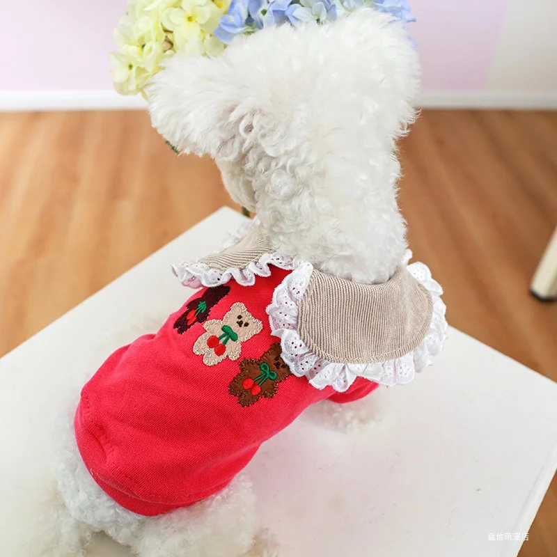 1PC Pet Clothing Cat Dog Spring and Autumn Rose Red Pet Collar Little Bear Cute Coat Suitable for Small and Medium sized Dogs