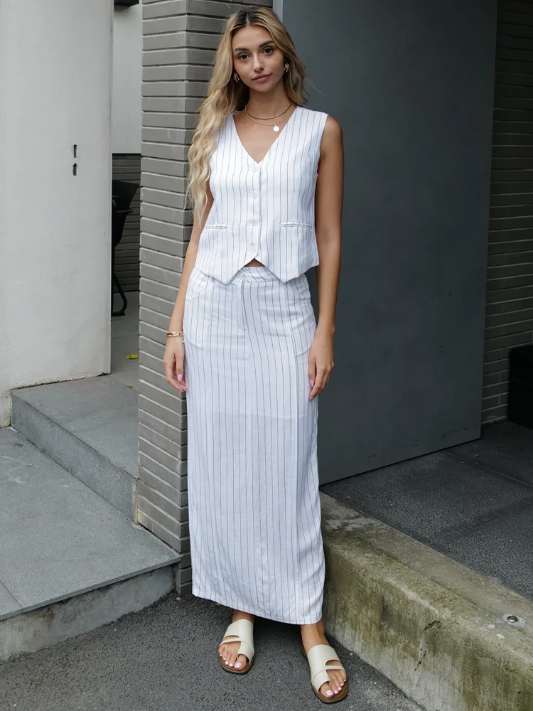 Women 2024 Summer Linen Striped Vest Skirt Sets