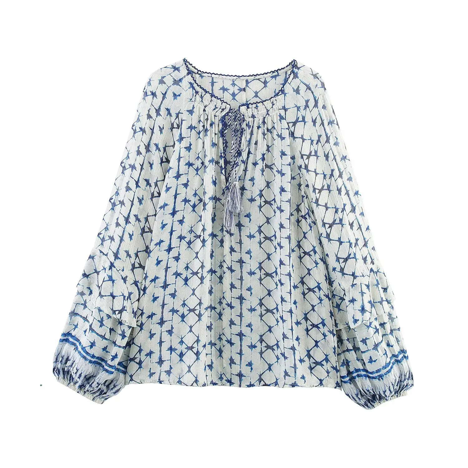 

Fashion Chiffon Geometric Print Long-sleeved Shirt for Women 2025 Spring and Autumn New Casual Loose Top Shirt for Women