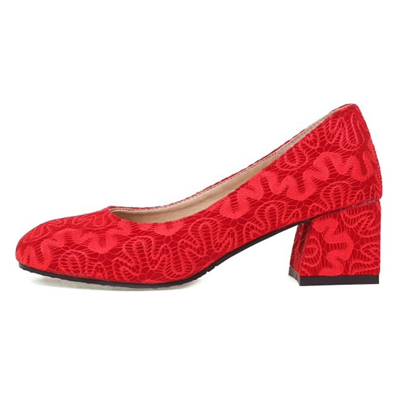 REAVE CAT 2022 Pumps Women Toe Chunky Heels Silks Lace Slip-On Sweet Size 30-48 Red Yellow Spring S3098