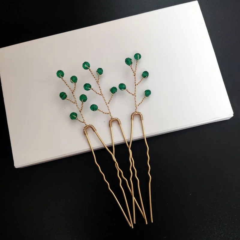 3PCS Women Bride Simple Green Color Crystal Pearls Flower Hair PIns Wedding Bridal Hair Accessories for Women Girls