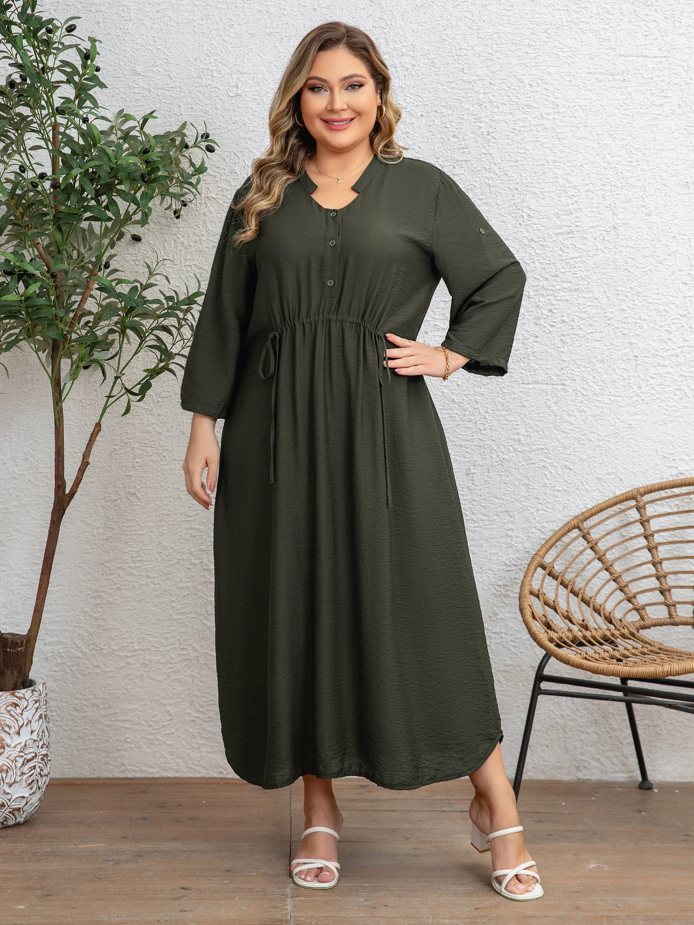 

Plus Size Women's Army Green V Neck Waist Tie Half Sleeve Dress Loose Slimming Casual Maxi Dress