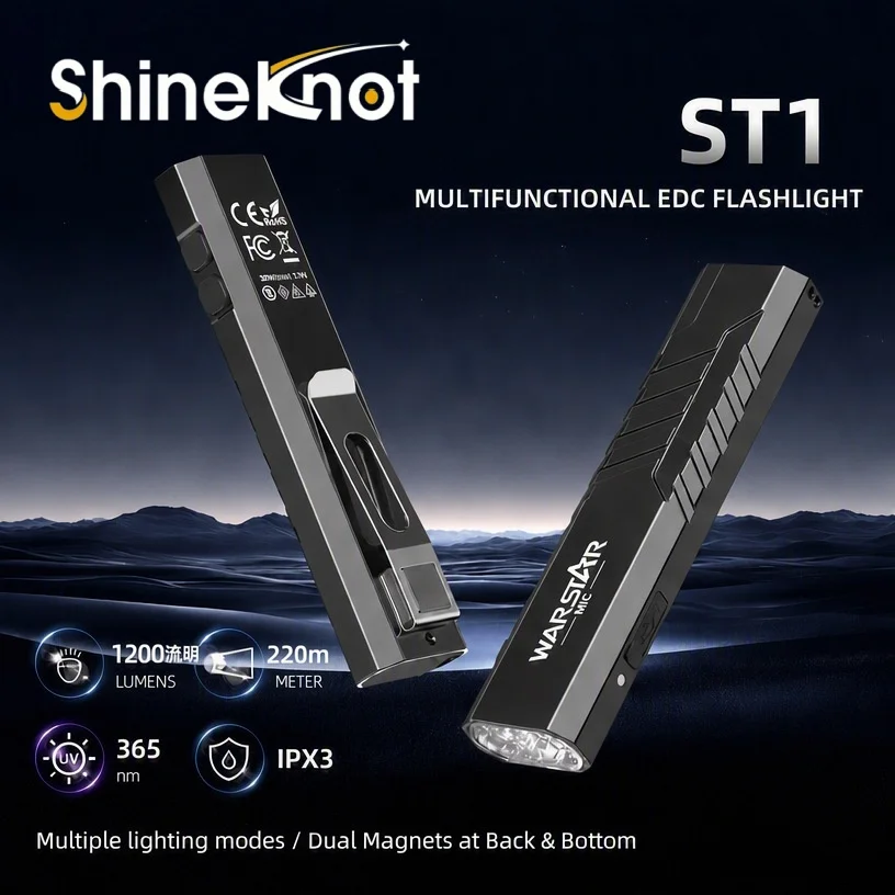 SHINEKNOT Edc Flashlight Flat Ultra-Thin 1200 Lumens Dual Magnetic Uv365 Dual Switch 220 Meter Sos Outdoor Work Light