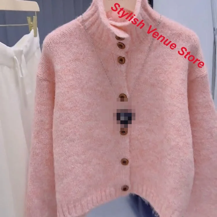 Korean lazy high-grade sweater women's autumn and winter loose thick single-breasted knit cardigan high-necked soft waxy sweater 4