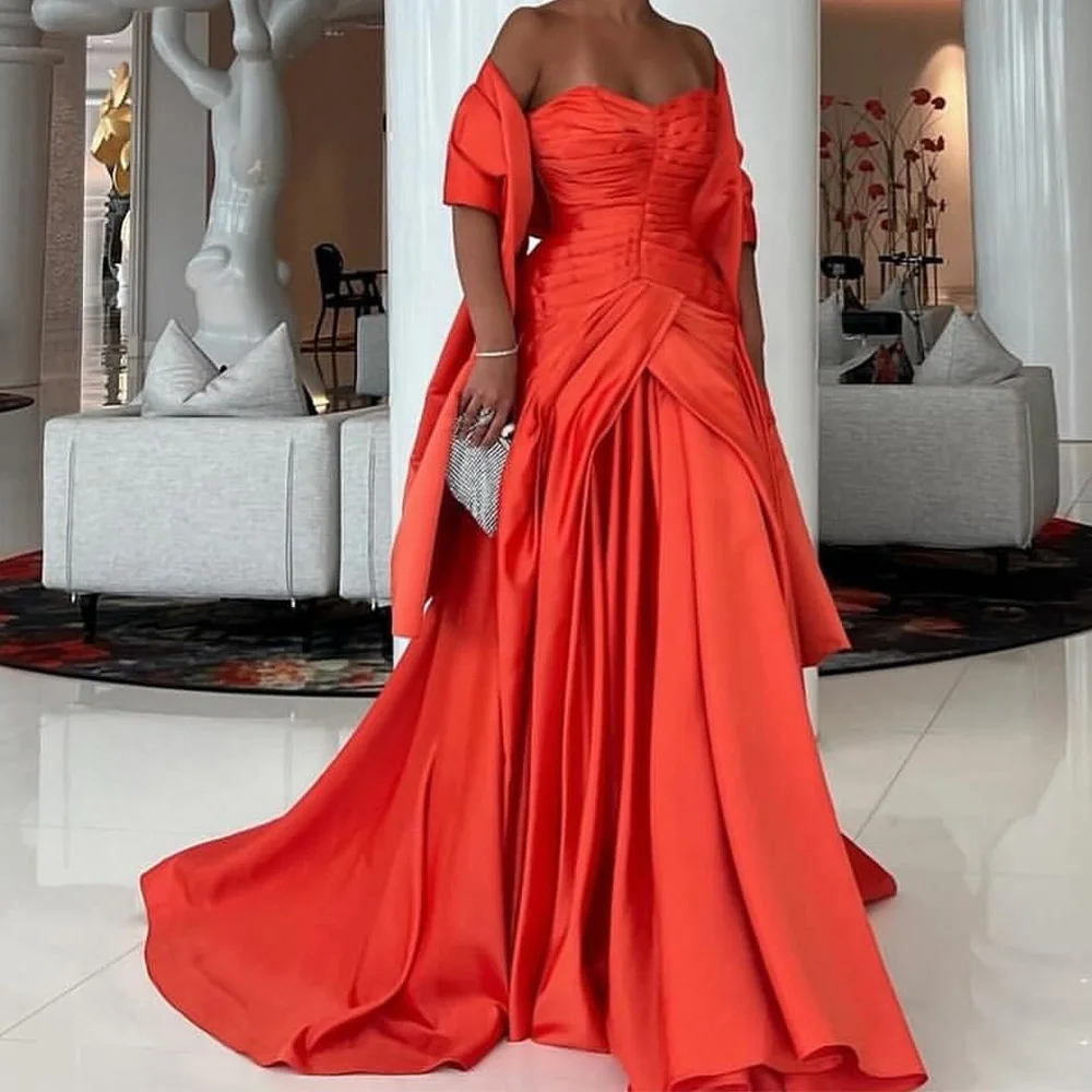 

Floor Length A-Line Strapless Off the Shoulder Satin Sleeveless shawl Evening Dress Celebrity Gowns Photo Color Delicate