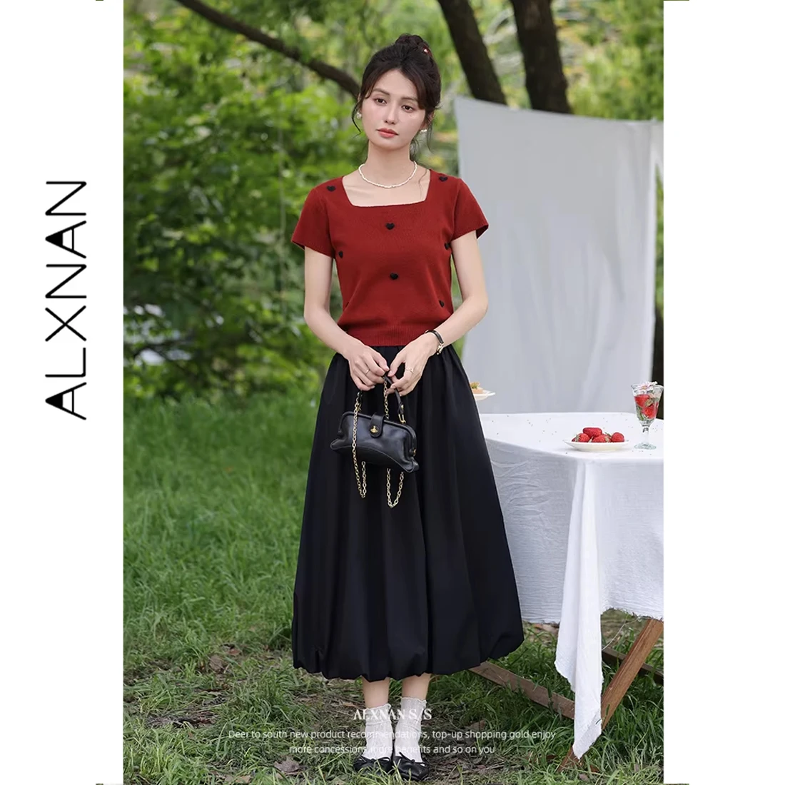 

ALXNAN Red T-shirt Vintage Elegant Sweet Short Sleeve T-shirt 2026 Summer Casual Office Loose-fit Women's Knitted Tops L553101