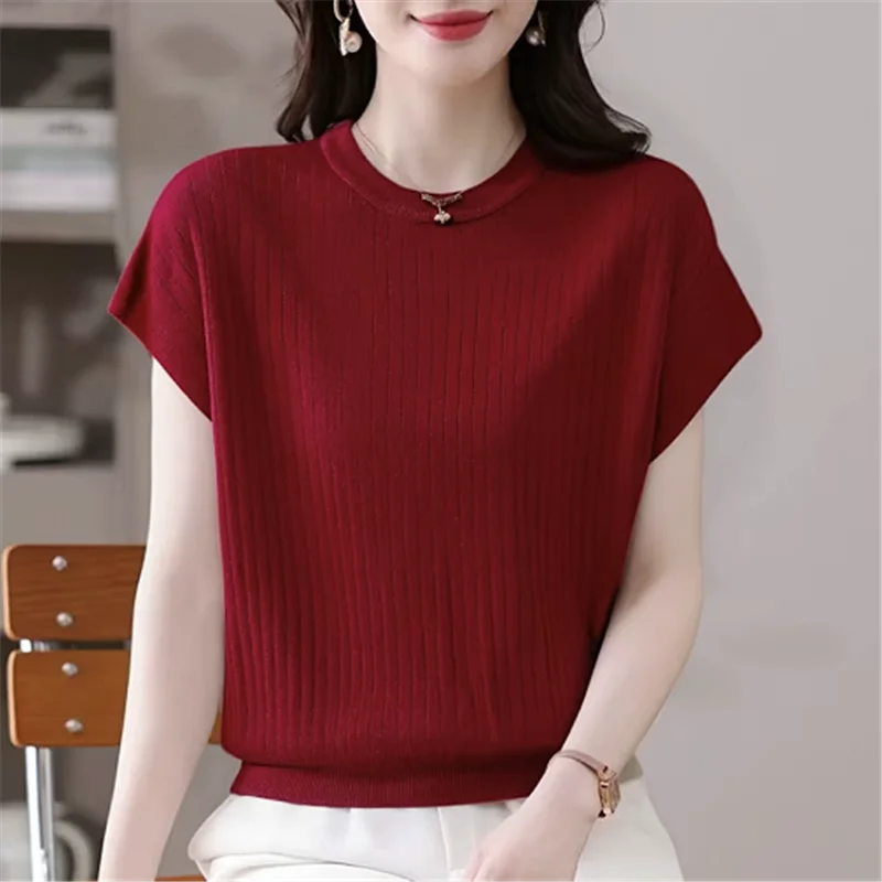 

Sweaters Casual White O-Neck Knitted Sweater Women Pullovers Short Sleeve Knit Sweater Pullover Women Tops Women Clothing Q3259