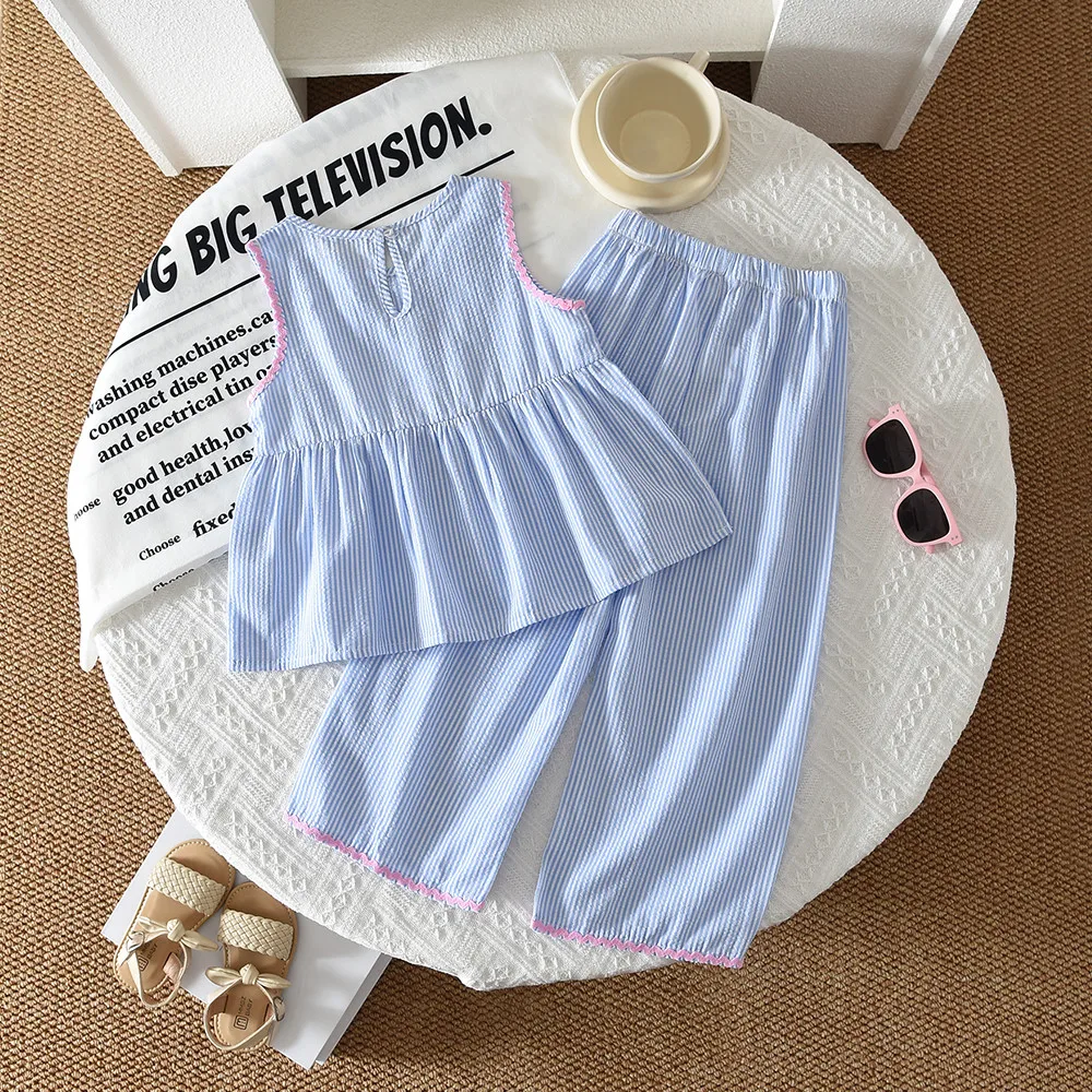 Bear Leader Fashion Color Blocked Korean Style Striped Girls Clothes Summer Bow Print Blue Sleeveless Top and Pants Child Sets