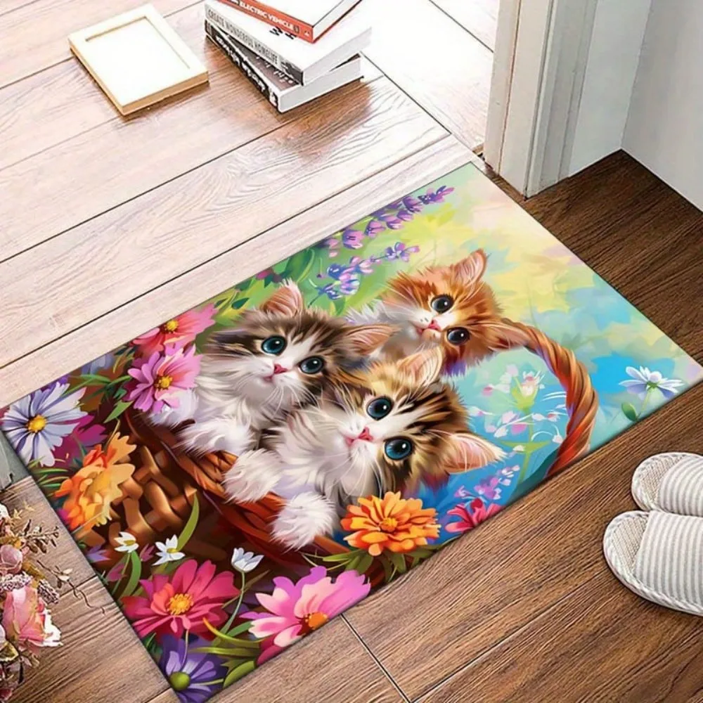 VIKAMA Alfombra juguetona con estampado de gato floral, alfombra decorativa antideslizante para dormitorios, salas de estar y áreas de juego para niños