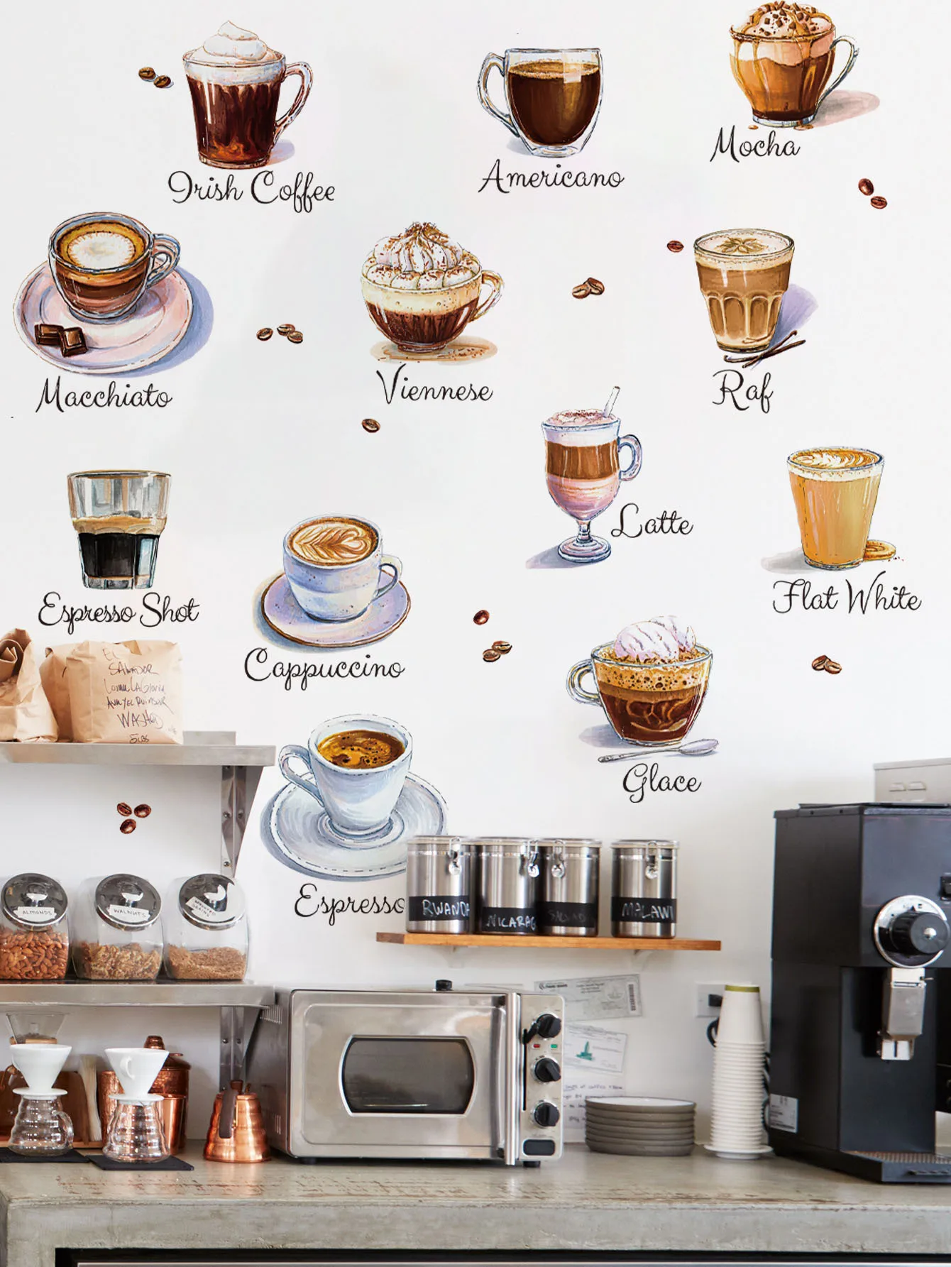 Coffee Cup Wall Stickers Self Adhesive Cafe Kitchen Decor PVC Decals for Home Bar Background Peel and Stick Art