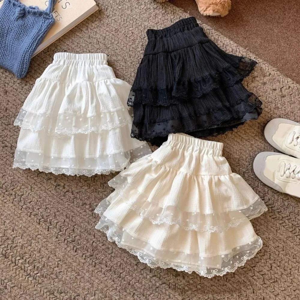 Bonito pontos inchado bolo saia feminina cintura alta texturizado renda bowknot saia curta com calça de segurança plissado a linha saia curta feminina