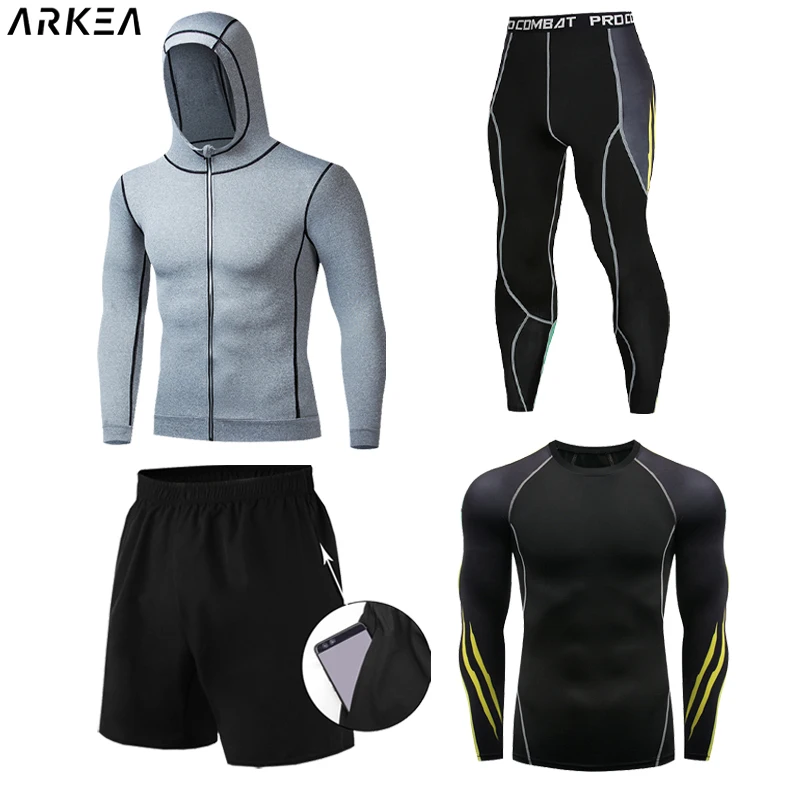 2023 4 Pieces Running suit Men Sports Tights Compression Shirt Long sleeve Quick dry Gym Shorts Workout Bodybuilding Clothing