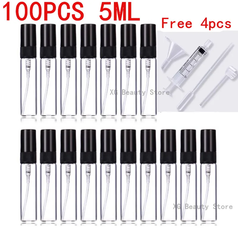 Bouteilles de pulvérisation en verre noir de 5ML, 5/10/20/50/100 pièces, avec 4 accessoires essentiels, seringue distributrice d'entonnoir compte-gouttes, en vrac