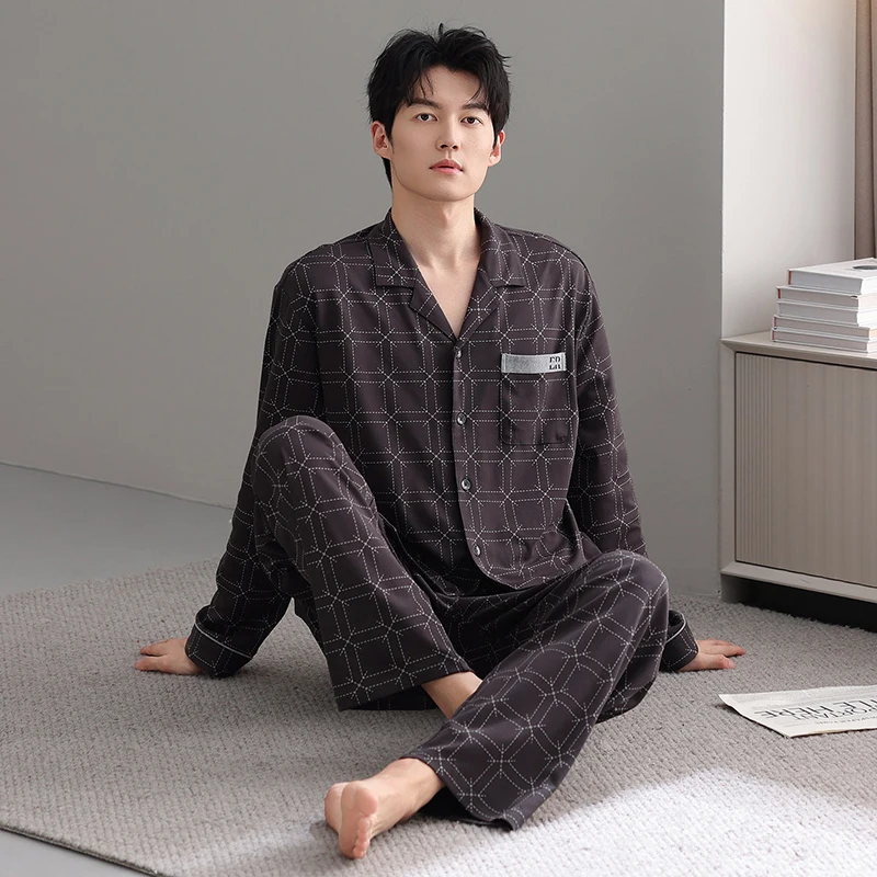 Plus Size M-4XL Spring and Autumn Men Pajamas Set 100% Cotton Turn-down Collar Plaid Pijama