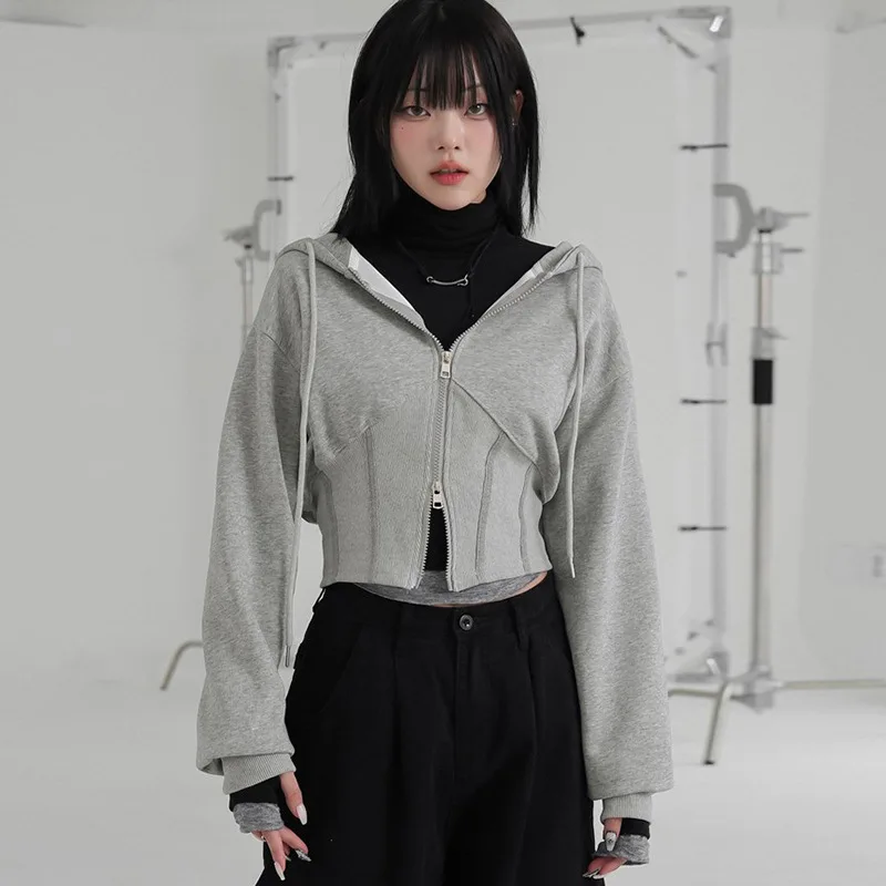 Corset Cropped Hoodie Casual Basic Slim-fitting Hooded Sweatshirts ฤดูใบไม้ร่วงฤดูใบไม้ผลิ Double Zip-up เสื้อสเวตเตอร์ถักเกาหลีเสื้อบาง