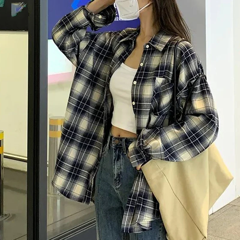 Rimocy Autumn All Match Plaid Shirts For Women Korean Fashion Button Up Oversized Shirt Woman 2024 Aesthetic Loose Blouse Female