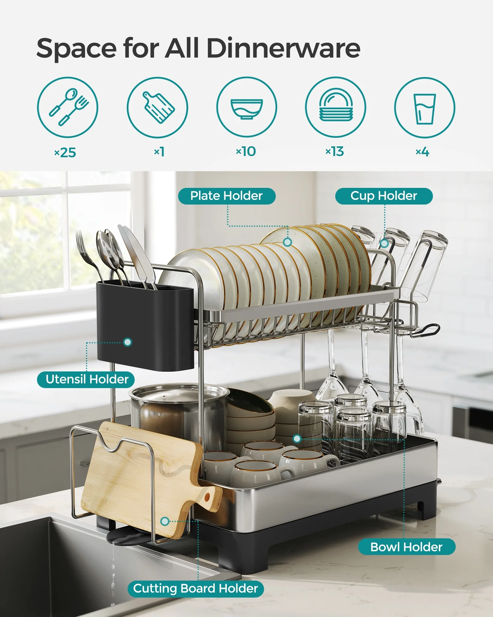 2-Tier Detachable Multifunction Countertop Kitchen Storage Holder Dish Rack Dish Drying Rack With Cutting Board Holder