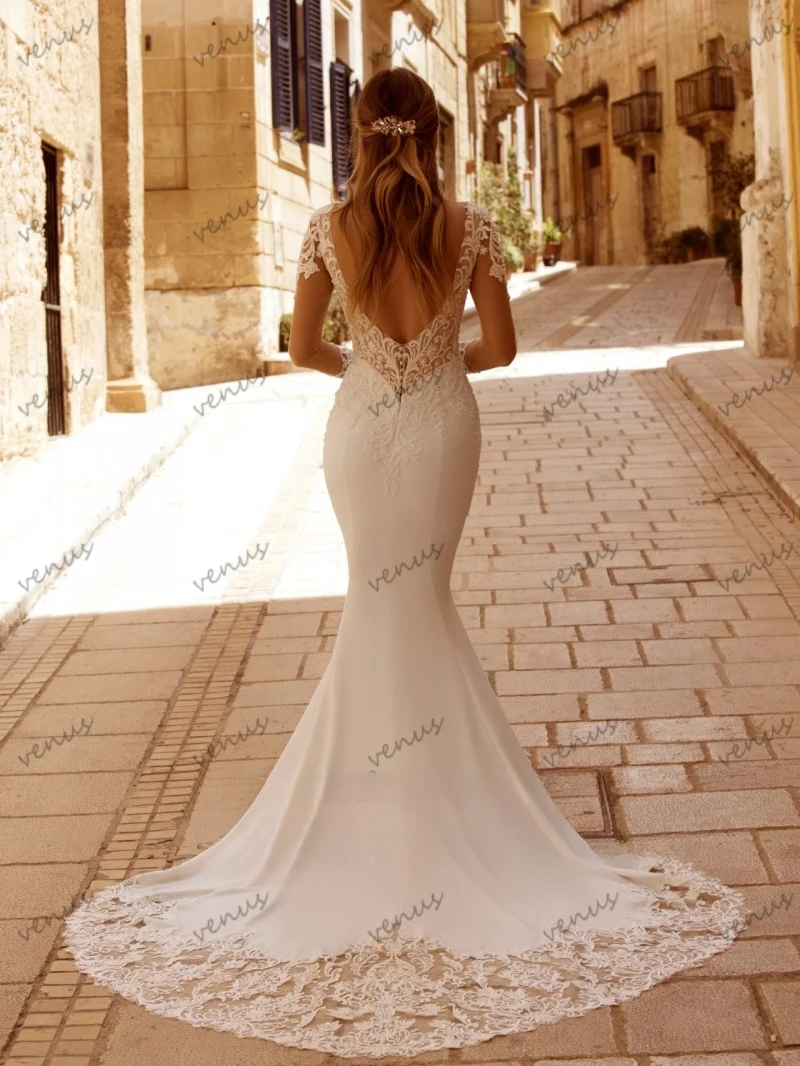 Abiti da sposa classici abiti da sposa Vintage Appliques di pizzo maniche lunghe guaina con scollo a v abiti in raso a sirena abiti da sposa