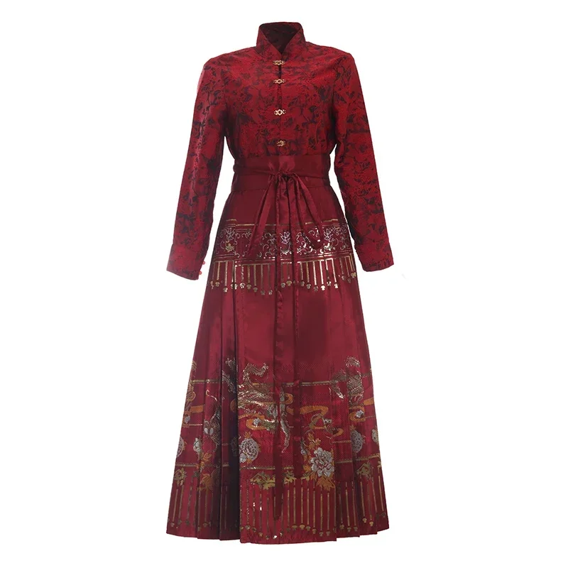 Embroidery Hanfu Retro Chinese Traditional Festive Clothes Women Horse-Face Skirt Long Sleeve Red Shirt