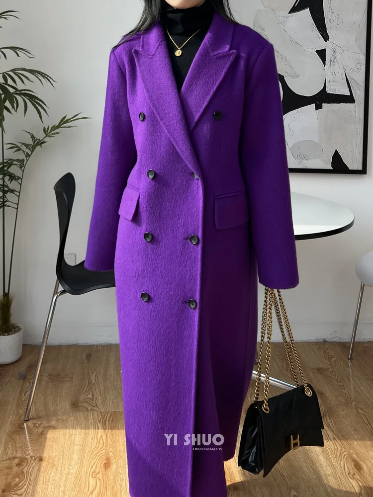 Autumn Winter New Thick Double-sided Wool Coat Women Elegant Turn-down Collar Double-breasted Mid-length Woolen Jacket Female