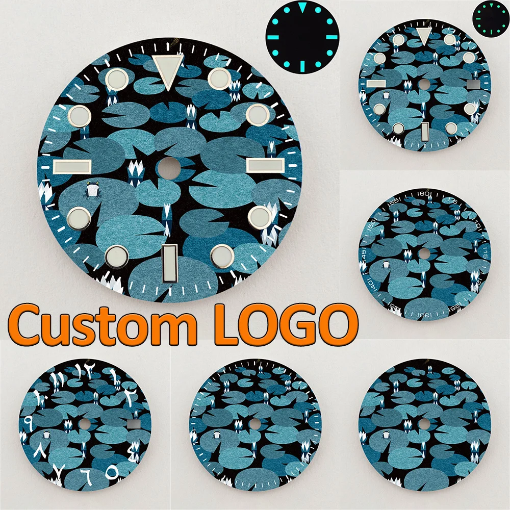 28.5mm NH35 Dial Blue Water Lily Lotus Leaf Dial Luminous Dial NH36 Dial Watch Accessories Fits NH35/NH36 Movements Custom LOGO