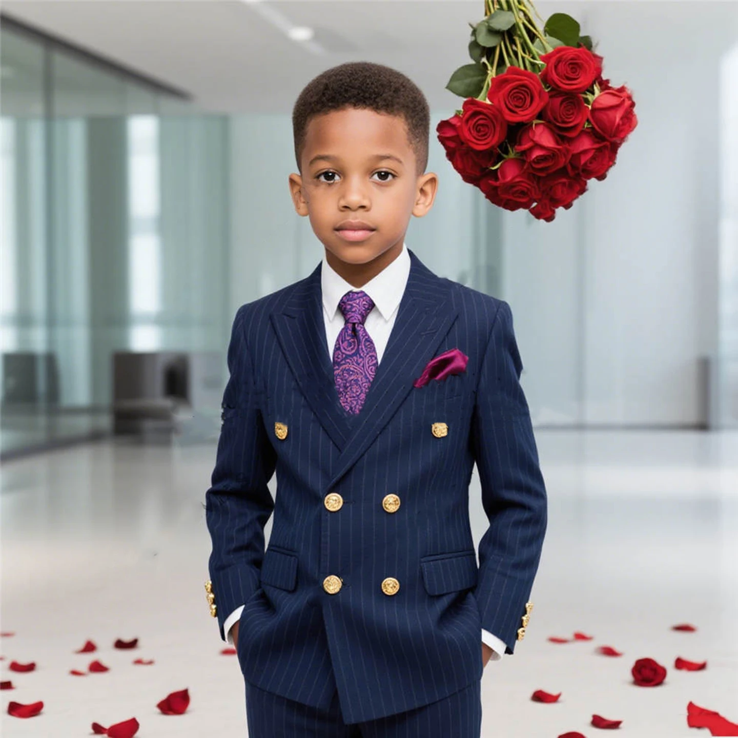 

Boys' Deep Navy Pinstripe Formal Suit Set Peak Lapel Double-Breasted Long-Sleeved Suit Set Birthday Party Suit Set