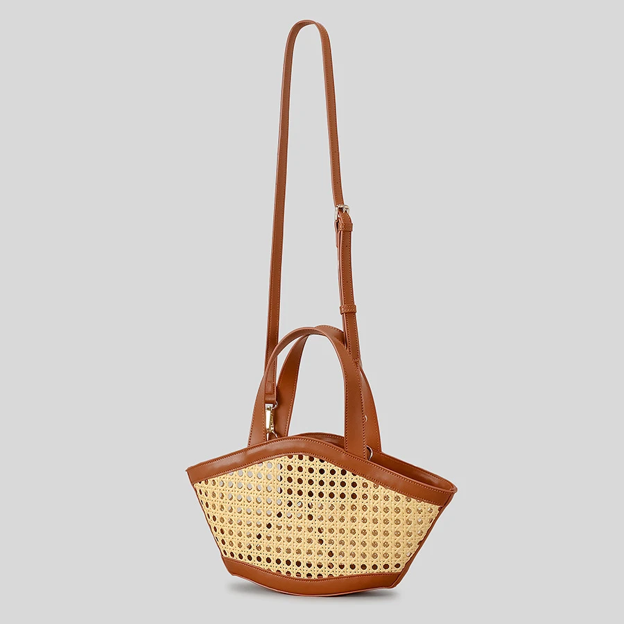 Fashion Hollow Basket Bag Faux Rattan Woven Women Handbags Luxury Pu Leather Shoulder Crossbody Bags Summer Beach Small Tote Bag