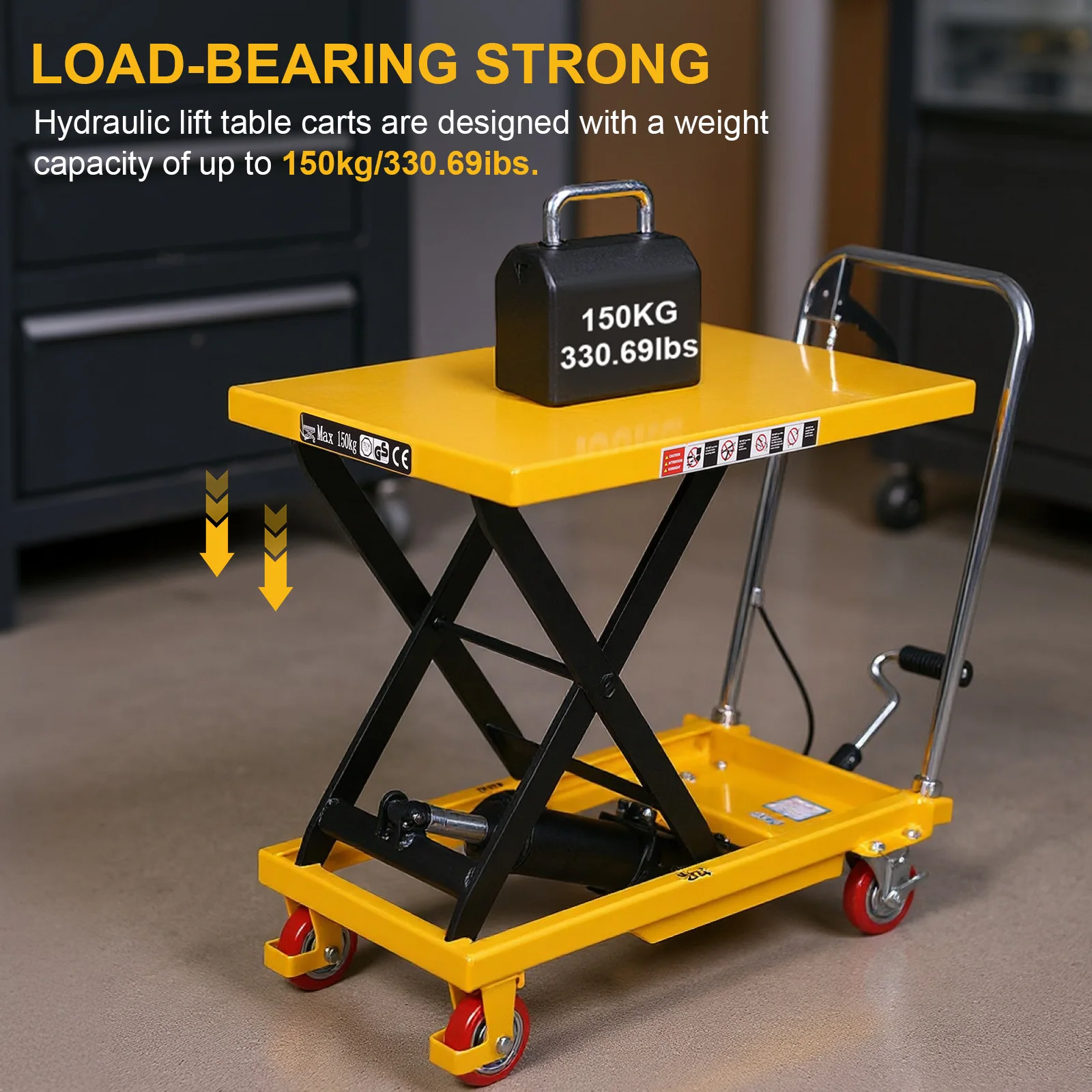 عربة مقصية هيدروليكية مع طاولة رفع، عربة كهربائية لرفع الطاقة، وسادة مضادة للانزلاق لتعامل مع المواد ونقلها