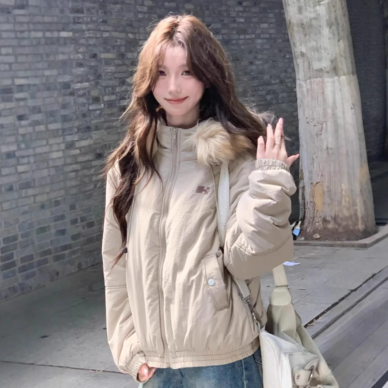 Whisper Lumi Winter American Retro Faux Fur Collar Padded Coat Short Hooded Jacket Korean Style Petite Ladies Warm Outerwear