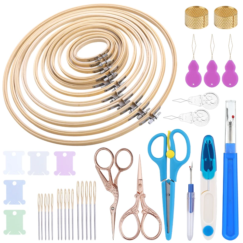 IMZAY Bamboo Cross Stitch Hoops Set Embroidery Frames Set Sewing Tools Accessories With Sewing Scissors Stitching Needles