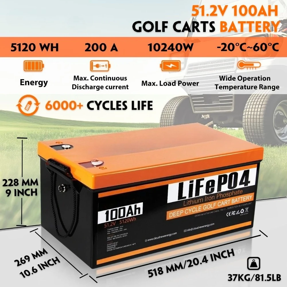 48V(51.2V) LiFePO4 Lithium Golf Cart Battery Built-in 200A BMS,with Mobile APP,Touch Monitor and retention strap,6000+ Cycles