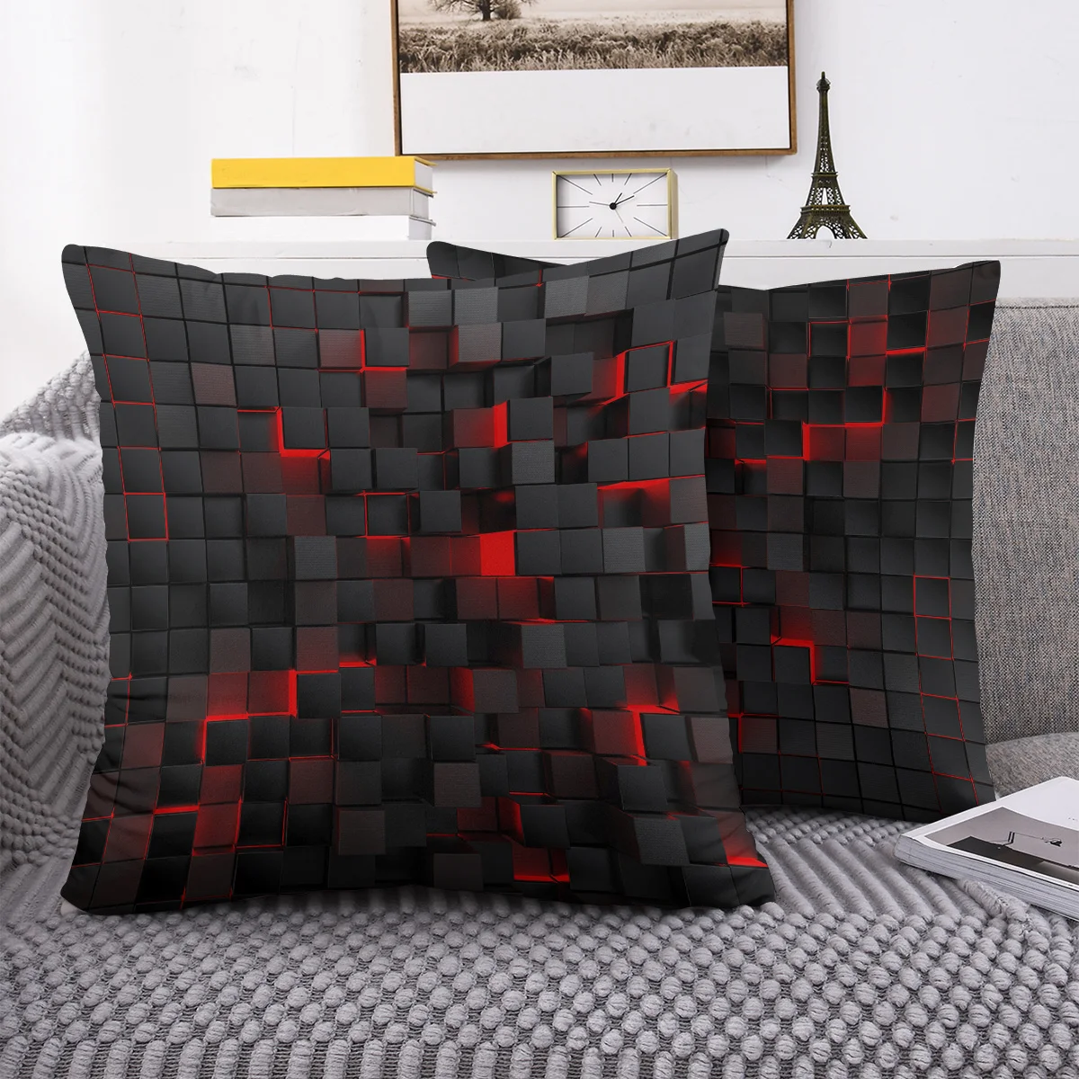 3D Neon Graphite Cube Pattern Double-Sided Throw Pillow Covers, Cabin Style Decorative Cushion Cases for Sofa and Bedroom