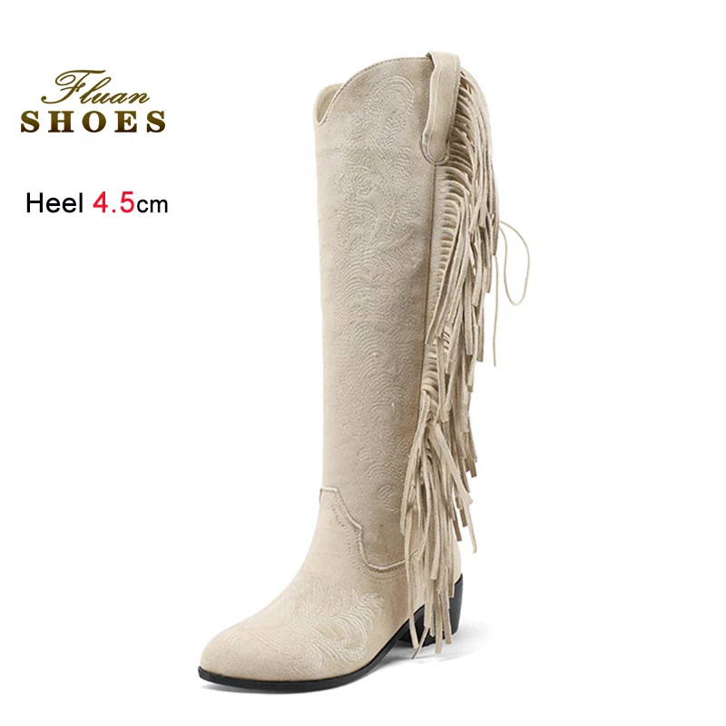 

4.5CM Lace-up Knee-high Long Boots For Women Pointed Chunky Heels White Tassel Boots Western style knight Shoes Botas Mujer CD