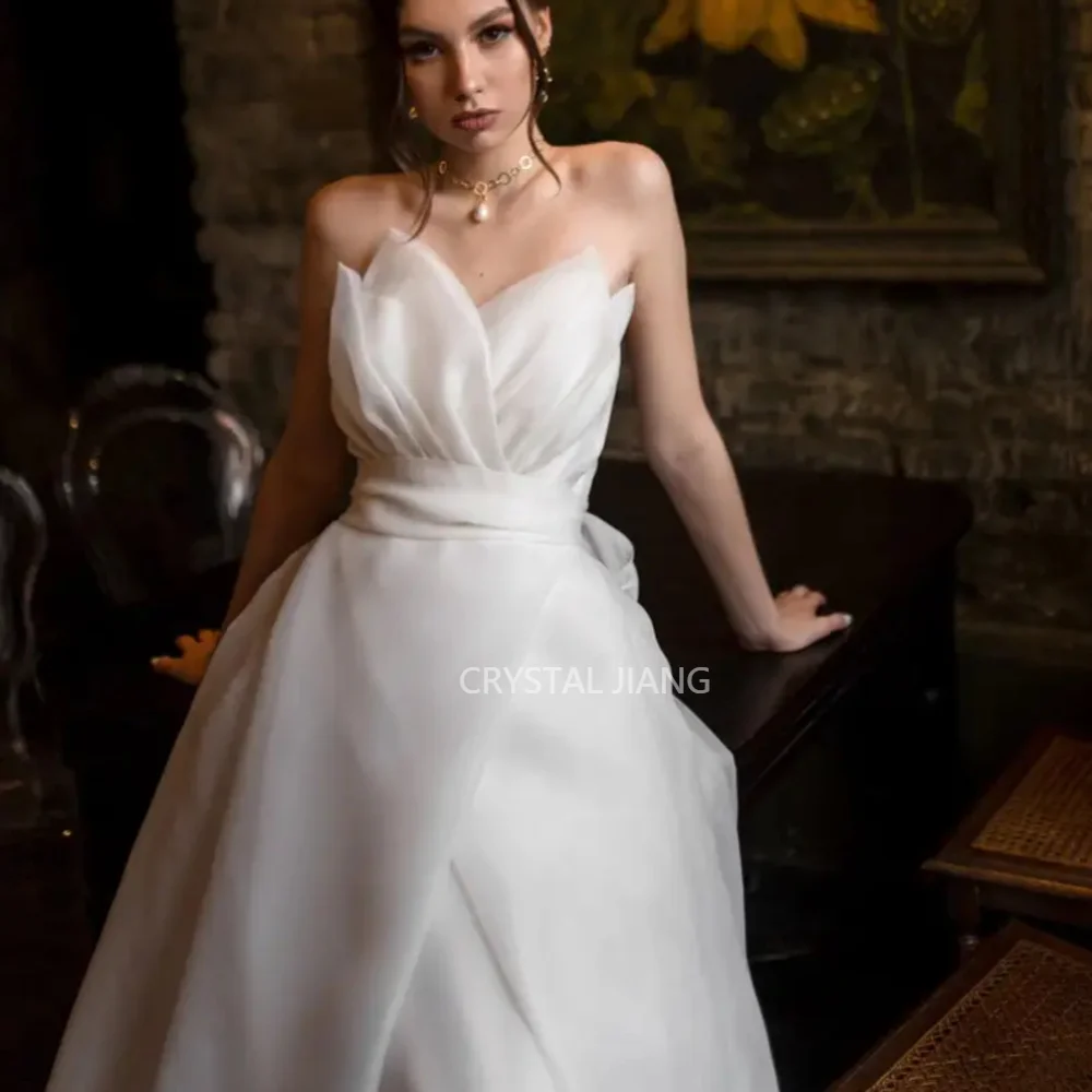 Robe de mariée en organza sans bretelles pour femme, manches bouffantes amovibles, long, simple, avec poignées, compromis, train de balayage, patients, quoi que ce soit