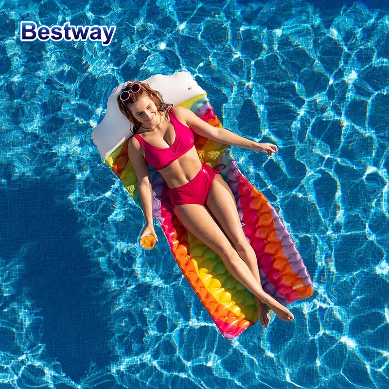 Bestway 44107 1PC Rainbow Dreams Floating Mat, Pool Floating Mat, Inflatable Pool Floating Lounge Chair with Cloud Headrest