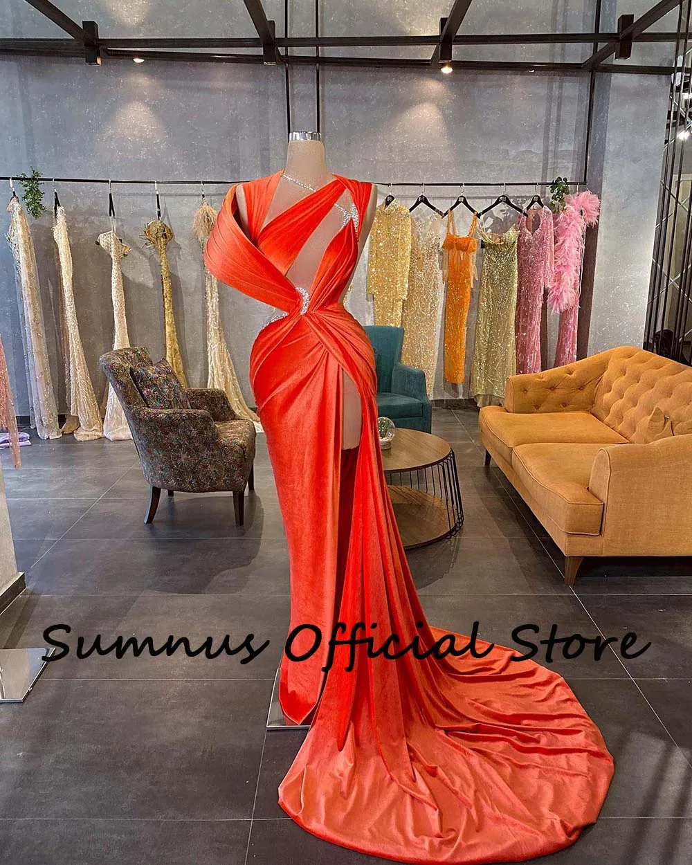 Sumnus Orange Samt Meerjungfrau Abendkleider Cape Sleeve Hohe Split Besondere Anlässe Kleider Angepasst Ereignis Kleid Mit Zug