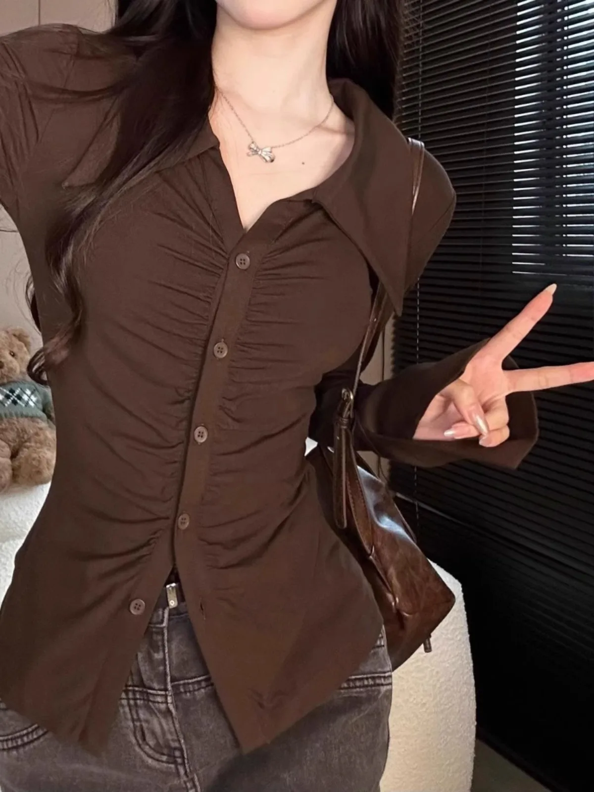 

Women's Collar Long Sve irt Design Sensation Autumn Winter Faion Waist Cinched Pleated Top Korean Sle Slim Fit