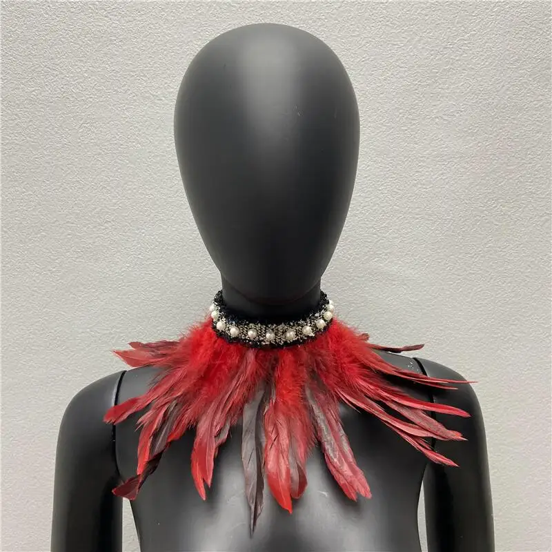 High-end Pearl and Feather Halloween Fake Collar Makeup Party Stage Performance Wedding Celebration Bow Tie Suit and Shirt Prop