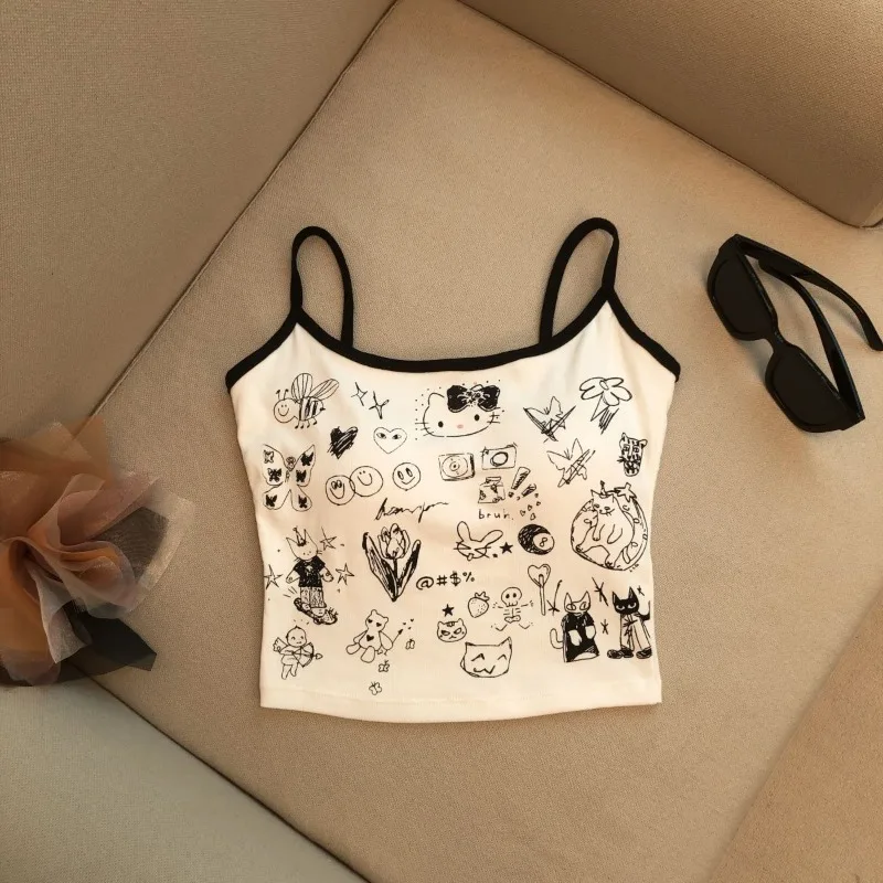 Hellokitty Cartoon Anime Stampa Cool Cute Canotta Spaghetti - Canotta con cinturino Canottiera Gilet stile fionda da donna con protezioni per il petto