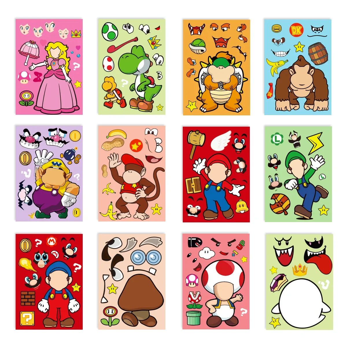 Game Mario sticker 12pcs Children DIY Puzzle Sticker Mario Face Funny Anime Cartoon Assemble Stickers Kids Toys Boys Girls Gifts