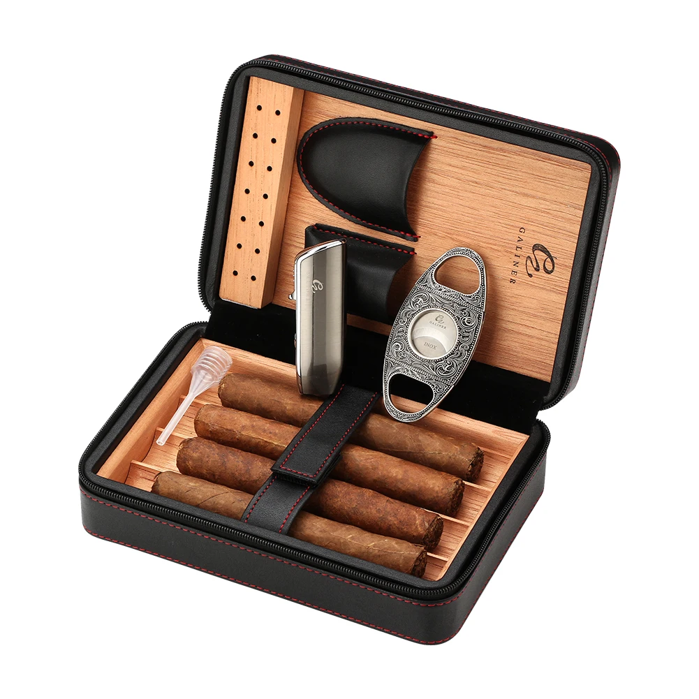 GALINER Leather Cigar Case Travel Humidor With Butane Gas 3 Torch Lighter Cutter Cigar Tool Set Humidor Box