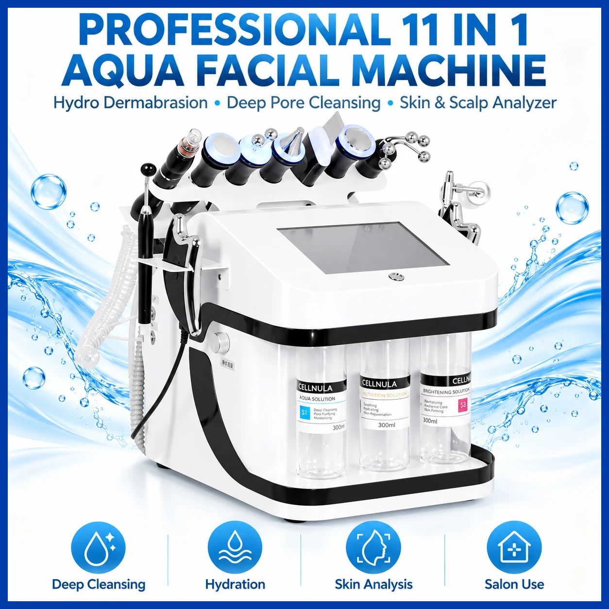Professional 11 In 1 Aqua Facial Machine with Skin Scalp Analyzer Hydro Dermabrasion Deep Pore Cleansing Salon Beauty Device
