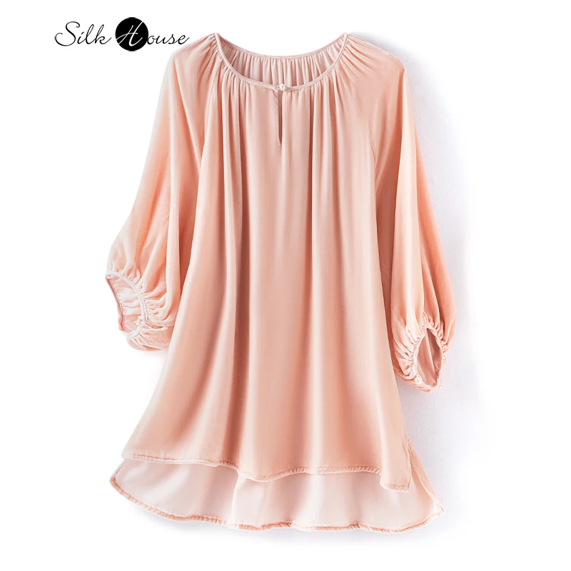 

30% Natural Mulberry Silk Velvet Round Neck Temperament Three Quarter Lantern Sleeves Women's Fashionable Casual T-shirt