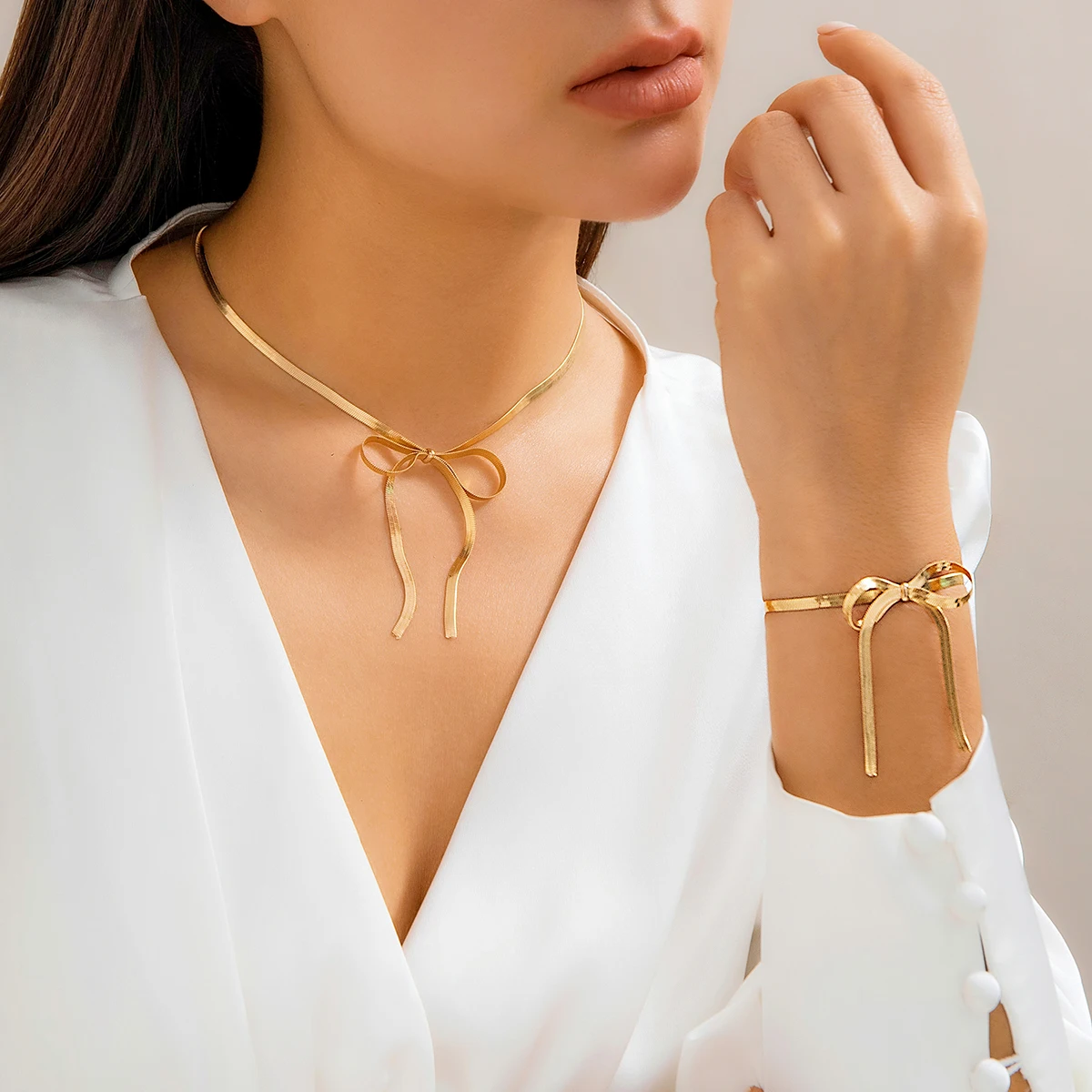 Salircon Punk Flat Snake Chain Short Necklace Vintage Creative Bow Pendant Choker Necklace Women\'s Aesthetic Banquet Jewelry