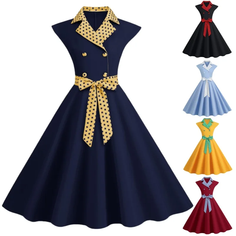 Robe élégante à col tailleur à pois, coupe ajustée avec ceinture, tenue décontractée pour femme