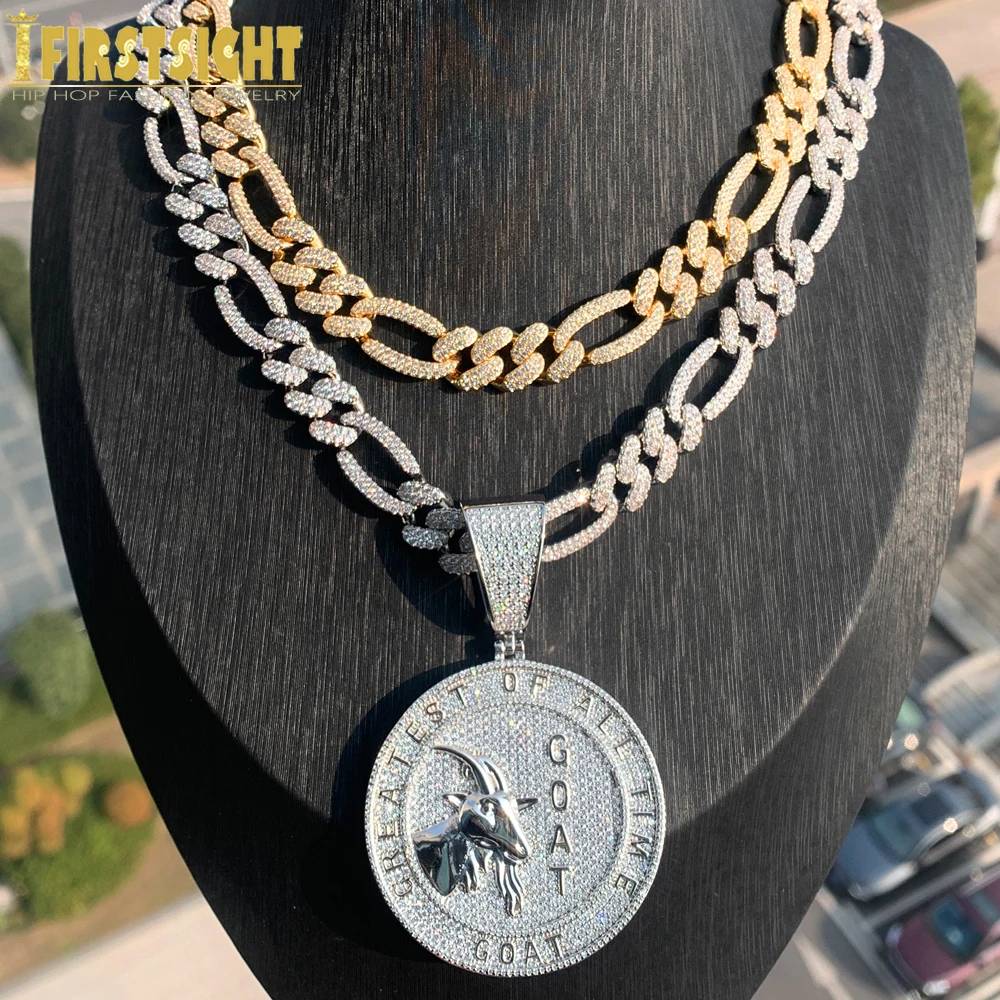 New Iced Out Bling CZ Letter Goat Pendant Necklace Cubic Zirconia Figaro Cuban Chain Badge Charm Men Hip Hop Jewelry