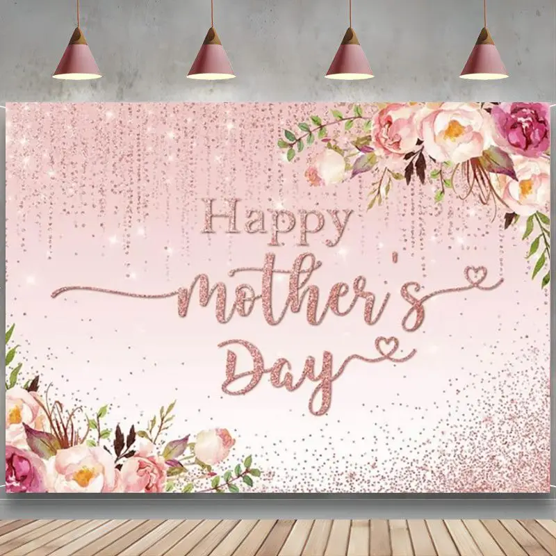 

Happy Mother's Day Backdrop Floral Golden Dots Mothers Day Birthday Photography Background Thanks Mother's Day Photo Booth Props